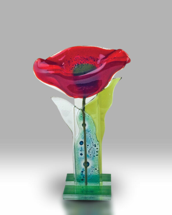 blown glass tulip, red and green.