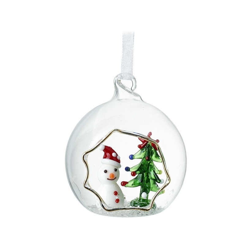 Glass Bauble With Snowman & Christmas Tree
